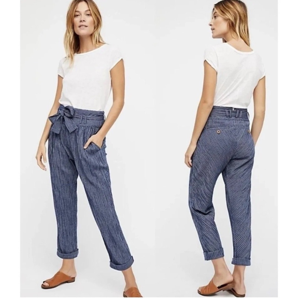 Free People Rumors Yarn Dye Blue Striped Harem Pants Size 6